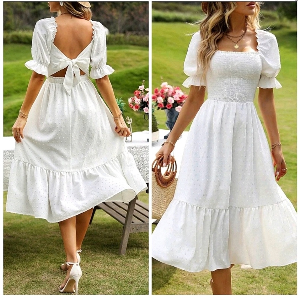 New Boho Swiss Dot Puff Sleeve Tie Back Midi Dress White - Picture 2 of 3